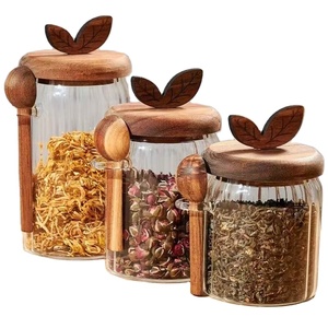 Sincero vendita calda unico rotondo grande <span class=keywords><strong>vetro</strong></span> di stoccaggio di <span class=keywords><strong>spezie</strong></span> vasetti ermetici bocca larga <span class=keywords><strong>contenitori</strong></span> per alimenti con coperchio di bambù e cucchiaio - Product Image 1