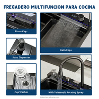 Évier de cuisine multifonctionnel en acier inoxydable SUS304 à cuve unique, avec affichage numérique LED et accessoires cascade modernes, modèle Whale