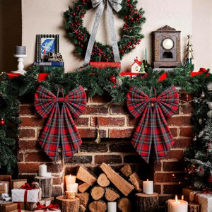 Chaussette de Noël personnalisée en tissu écossais à carreaux, brodée, en polyester doux, avec nœud papillon de Noël - Product Image 5