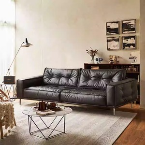 Mid Century Oil Wax Retro Genuine Leather <b>Sofa</b> Top Grain Cowhide Living Room Small Space Designer French <b>Sofa</b> <b>Set</b> - Product Image 2
