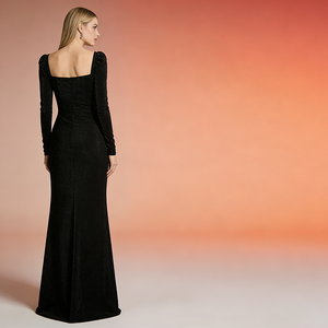 Abito Lungo da Donna Personalizzato OEM, Schiena Scoperta, Scollo Quadrato, Aderente, <span class=keywords><strong>Maniche</strong></span> <span class=keywords><strong>Lunghe</strong></span>, in <span class=keywords><strong>Velluto</strong></span>, Stile Sirena, per Banchetti e Feste - Product Image 2