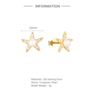 Boucles d'oreilles clous en argent sterling S925 en forme d'étoile de mer avec perle, cadeau de mariage haut de gamme - Product Image 2