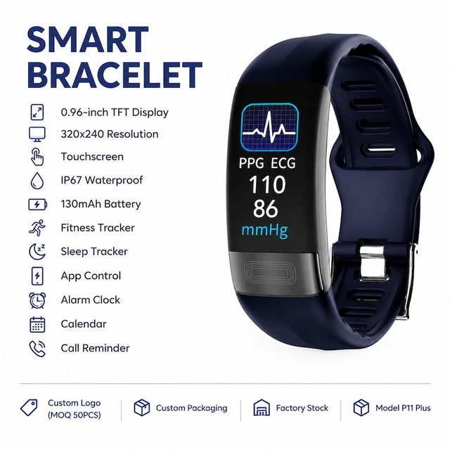 New Arrival 0.96inch Smart Bracelet P11 Plus ECG+PPG Body Temperature Blood Pressure Heart Rate Monitor Pedometer Smart Watches