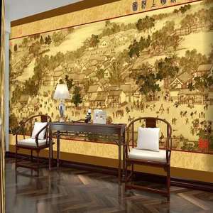 Papel tapiz de seda Northern Song Qingming Shanghetu <span class=keywords><strong>8D</strong></span>, Fondo de TV clásico, pintura de pared para Hotel, restaurante, vestíbulo, decoración de oficina - Product Image 1