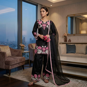 Ensemble Salwar Kameez en soie brodée noir et rose avec dupatta, tenue traditionnelle pour femmes, idéale pour les fêtes - Product Image 1