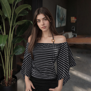 Camiseta de verano a rayas vintage para mujer, con hombros descubiertos, cuello halter con anillo, manga murciélago, media manga, top informal de ajuste holgado Y2K - Product Image 5