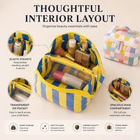 Sac de maquillage de voyage imperméable à double fermeture éclair avec logo personnalisé, rayures, compartiments, ouverture plate, revêtement transparent en PVC, OEM ODM
