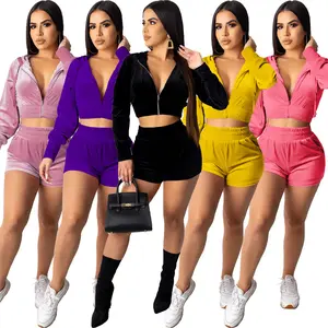 Women Biker Short Sets 2 Piece Set Clothing Velvet Zipper Hoodie Women Crop Tops Two Piece Set Clothing