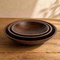 Grand saladier rond peu profond en bois, finition noyer foncé, avec base encastrée, pour salades de fruits et collations, idéal pour la cuisine et la table à manger