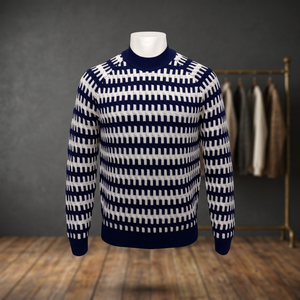 Pull en tricot géométrique bleu et blanc pour homme, manches longues, vêtements d'hiver - Product Image 1