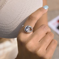 BinShuo 18K Gold Plated Stainless Steel Adjustable Trendy Fashion Ring Oval White Zirconia Teardrop Hollow Design for Women-Gift