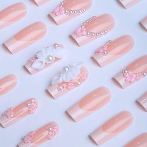 24 <span class=keywords><strong>faux</strong></span> ongles à presser, motif <span class=keywords><strong>diamant</strong></span> et nœud, forme carrée moyenne, blancs, style French, couvrance totale, en acrylique, pour décoration - Product Image 2
