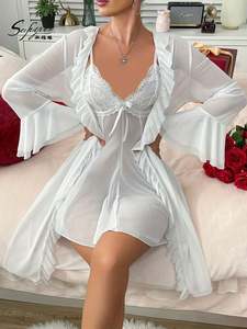 Sfy4117 Women's Summer Sleepdress Nightgown Robe Mesh Lace Rivet 3D Embroidery Set Home for Wear Breathable Pajama 2-Piece - Product Image 2