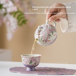 Service à thé Kung Fu en céramique peinte à la main motif glycine caramel, théière et tasse, pour la maison et les voyages, avec sac en tissu, modèle Xi Shi - Product Image 3