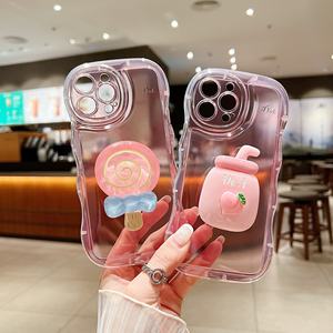 Funda de teléfono TPU con borde ondulado transparente Rosa INS con soporte de jugo de melocotón placa ondulada <span class=keywords><strong>azúcar</strong></span> para iPhone 17 Pro Max Plus transparente - Product Image 1