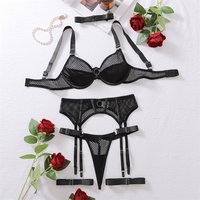 Ensemble 3 pièces G-string porte-jarretelles Lingerie sexy transparente personnalisée Vêtements de nuit en maille Femme noire Lingerie sexy mature