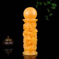 Statue de dragon en jade jaune naturel, colonne de dragon sculptée à la main avec sommet sphérique, ornement en cristal chinois feng shui, décoration pour la maison