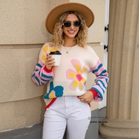 Nouvelle Collection Automne 2026 – Sweat-shirt Tricoté Chaud et Tendance à Col Rond, Rayures Colorées et Patchwork pour Femme – Motif Floral