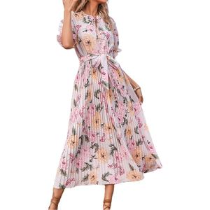 Vestido largo bohemio de verano <span class=keywords><strong>con</strong></span> manga corta y volantes, traje plisado <span class=keywords><strong>con</strong></span> flores, cinturón, color rosa y verde, para vacaciones y <span class=keywords><strong>playa</strong></span>, S-XL - Product Image 1
