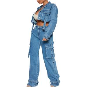 Ensemble en jean personnalisé 2026 : Veste courte à manches longues et jean pour femme, tenue Y2K, haut court boutonné en denim - Product Image 2