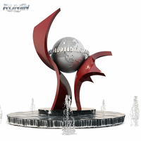 Fontaine sculpturale abstraite moderne en acier inoxydable sur mesure, grande sphère flamme rouge soudée |   Lieu emblématique d'art métallique extérieur pour