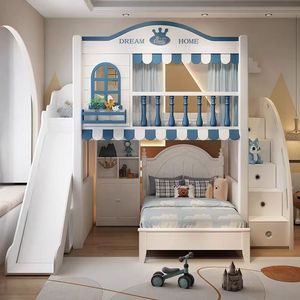 <span class=keywords><strong>Lit</strong></span> mezzanine élégant de style européen en forme de maison avec grand escalier à tiroirs et toboggan pour enfants - Product Image 5