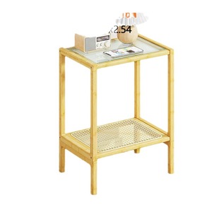 <b>Glass</b> Top Bamboo <b>Side</b> <b>Table</b> With Storage Shelf For Bedroom Nightstand Durable Natural Brown - Product Image 2