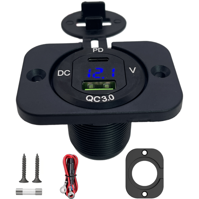 Panel Mount QC3.0 USB & PD Type-C Port Charger Socket, Marine Boat Car 12V Power Outlet with LED Voltage Meter Battery Monitor