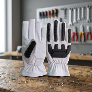 Gants de travail en cuir blanc avec paume et bouts des doigts antidérapants à motif de pneu de tracteur noir, poignets froncés, gants de sécurité polyvalents - Product Image 3