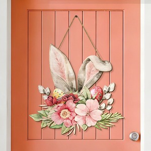 Easter Bunny Wooden Door Hanger Pink Floral Design Handmade Home Decor For Spring Celebration - Product Image 2