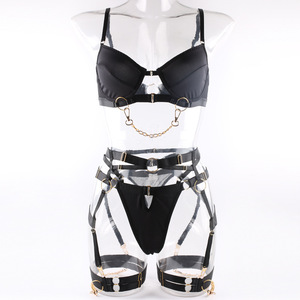 Deep Love Ropa Interior De Mujer Cadena De Metal Accesorios De Motocicleta Color sólido Cuatro piezas Hebilla frontal Ropa interior Sexy Lencería - Product Image 4