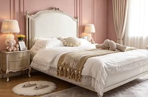 Premium Queen Size Silver Finish <b>Bed</b> With Cream Upholstered Ornate Carved Headboard For Princess Bedroom - Product Image 3