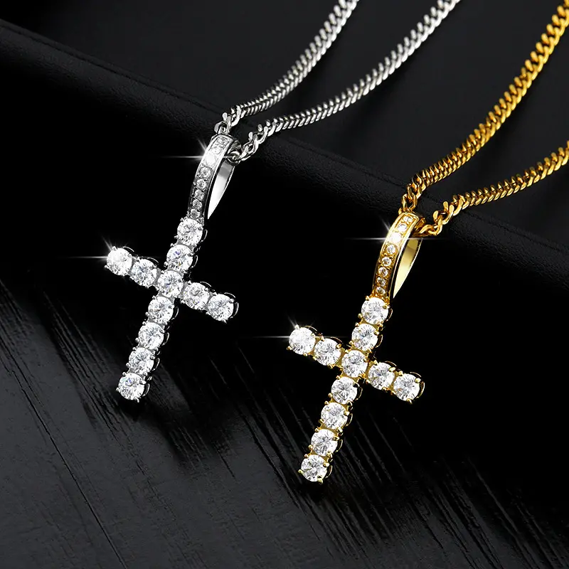 2023 New Stainless Steel Chain Crystal Diamond Necklace Pendant Inlaid Round Zircon Hip Hop Women And Men Cross Necklace Pendant