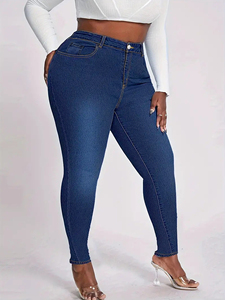 Pantalon en <span class=keywords><strong>Jean</strong></span> Extensible Bleu Foncé pour Femmes Rondes, <span class=keywords><strong>Jean</strong></span> Crayon Couleur Unie Coupe Slim Lavé pour Maman - Product Image 4