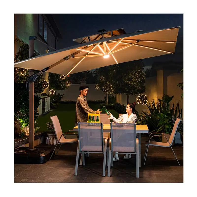 Low price factory direct selling outdoor furniture cantilevered umbrella 2.5m and 3m beach umbrella solar light patio umbrella
