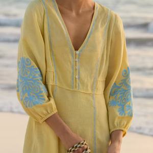 Nuevos Vestidos de Lino para Mujer, Moda de Verano, Elegantes, Cuello en V, Cintura Alta, Mini Vestidos Casuales de Algodón con Bordado para Dama - Product Image 5