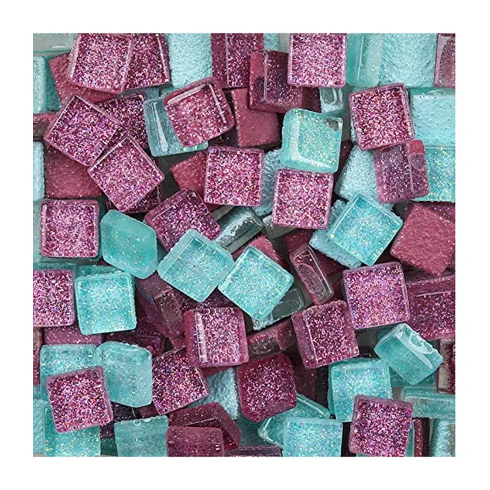 Ubin Mosaik Warna Kaca Glitter untuk Kerajinan DIY, Ukuran Mini 10X10Mm