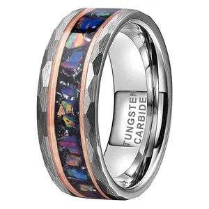 Coolstyle Perhiasan 8Mm Cincin Tungsten Dipalu untuk Pria Wanita Chip Meteorit Nyata & Opal Inlay Mode Pertunangan Pernikahan Band