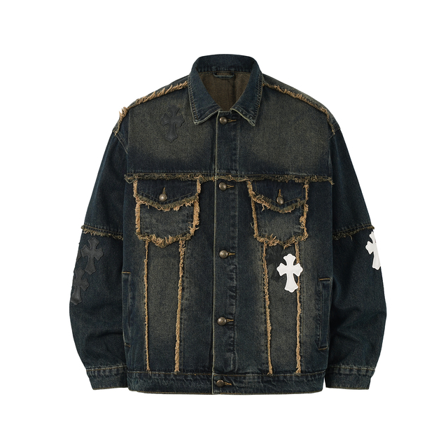 Men's Black Denim Jacket Vintage Washed Zip-Up Patchwork Design Embroidered Solid 100% Cotton Oversized Plain Dyed Hooded Autumn