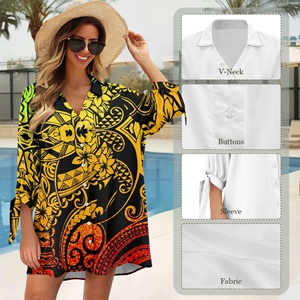Hawaiian Tropical Floral Print <strong>Women's</strong> Plus Size Button Cover <strong>Blouse</strong> Long <strong>Half</strong> Sleeve Beach Bathing Suit Cover Ups - Product Image 5
