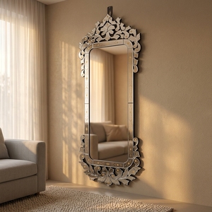 <strong>Long</strong> Murano Venetian Glass Art Deco <strong>Wall</strong> <strong>Mirror</strong> with Etched Gold Flowers Decorative - Product Image 6