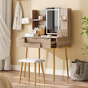 Modern 4-Drawer Solid Wood Vanity Desk with LED Mirror & Carved Details Fluted Makeup <b>Table</b> for Living Room Metal <b>Legs</b> PU Stool - Product Image 4