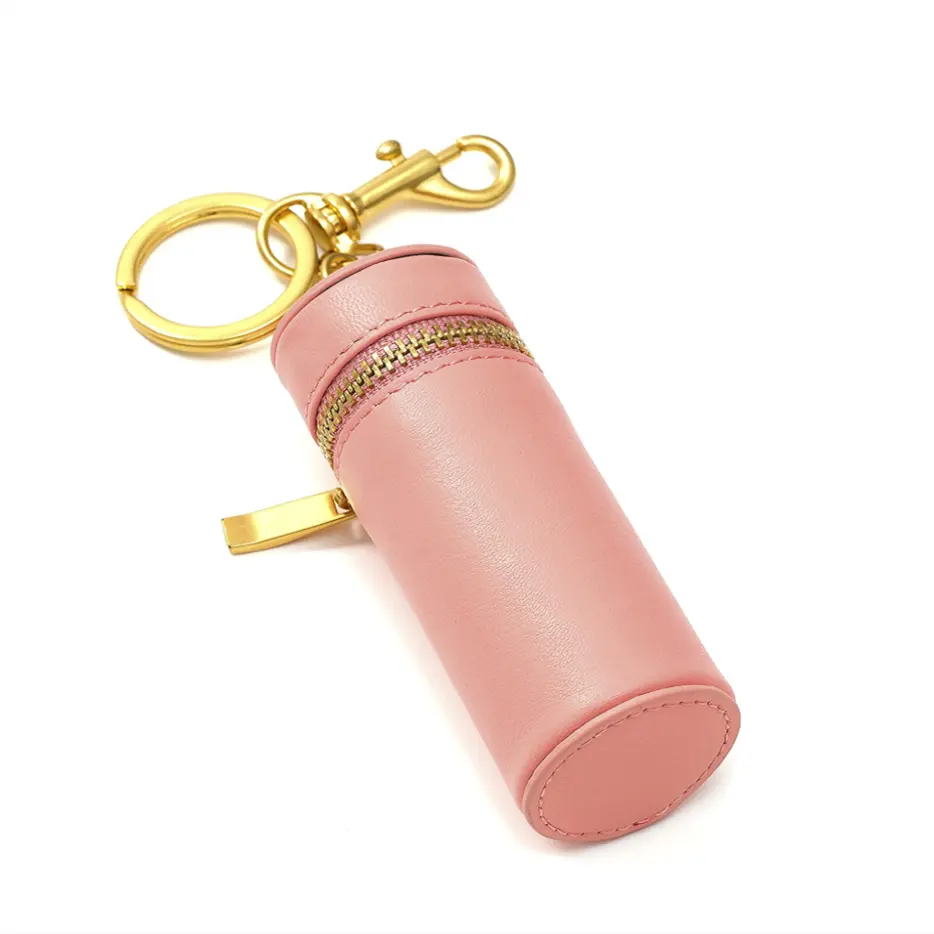 Nappa Leather Zipper Lipstick Case with Keychain Chapstick Holder Keyring Women Lipstick Organizer