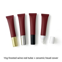 Tube cosmétique en plastique rouge vin givré de 15 g avec couvercle en alliage de zinc et tête en céramique, bouchon pompe à vide