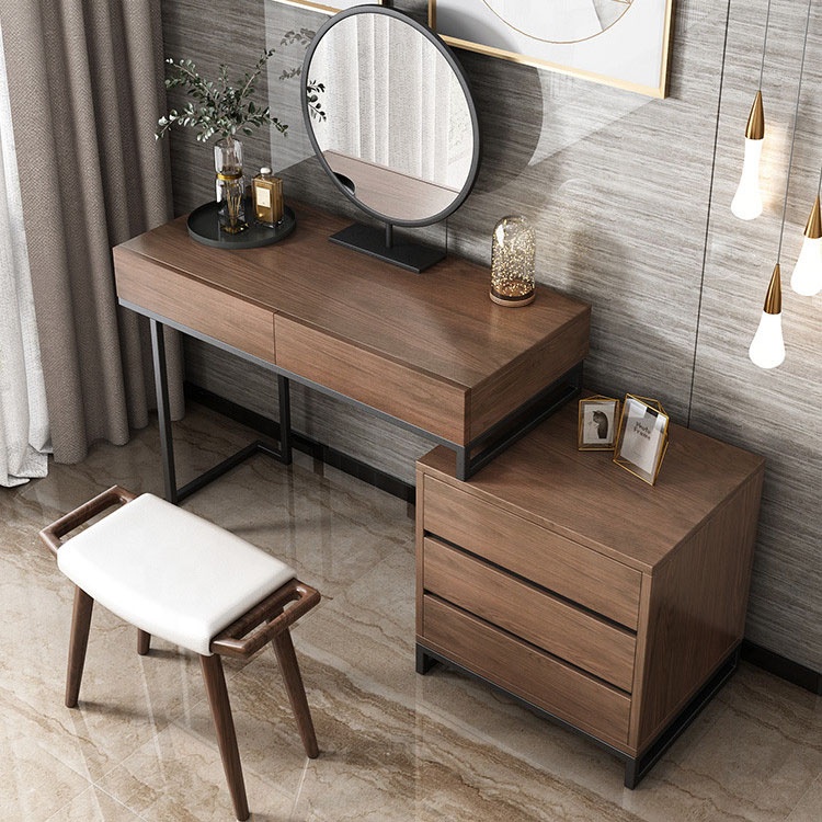 dark brown dressing table JASIWAY Coffee Brown Wooden Vanity Table with Side Cabinets Open Storage & Drawers Only Table without Mirror / Coffee Brown Color main image 0