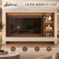 Meuble TV mural intégral, finition bois bicolore crème, éclairage LED doux, rangement intégré, modulaire sur mesure pour salon et villa