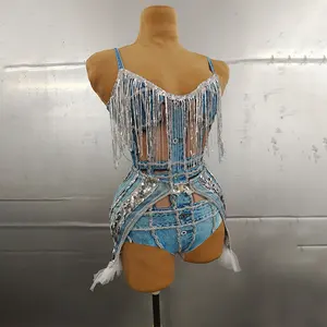 Novance Y2427 Hele Koop Kleding Diamant Kwastje Dunne Schouderriem Ultra Korte Lingerie Bodysuits Pailletten Vrouwen Denim Jumpsuit