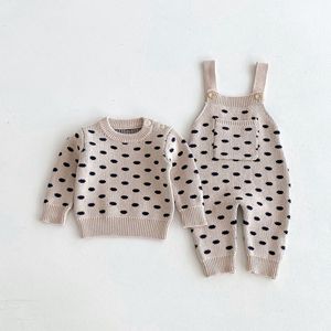 Ensemble tricoté pour bébé 100% coton OEKO <span class=keywords><strong>TEX</strong></span>, pull à manches longues à pois et salopette tricotée, tenue pour nourrisson, ensemble de vêtements pour tout-petit, style coréen - Product Image 2