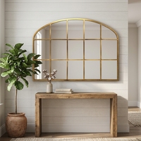 Arched Grid Wall Mirror Gold Metal Frame Window Pane Mirror Vintage Farmhouse Decorative Wall Mirror for Living Room Entryway