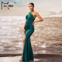 One Shoulder Feather High Split Grün Lange elegante Abendkleider für Frauen
